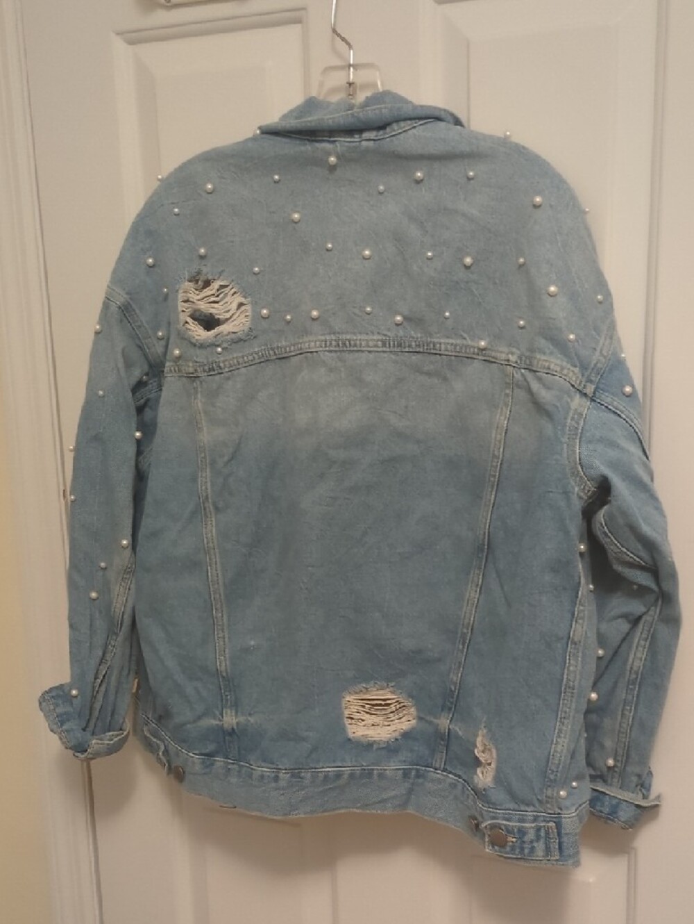 Free People Light Blue Pearl-Embellished Distressed Denim Jacket - Picture 3 of 3